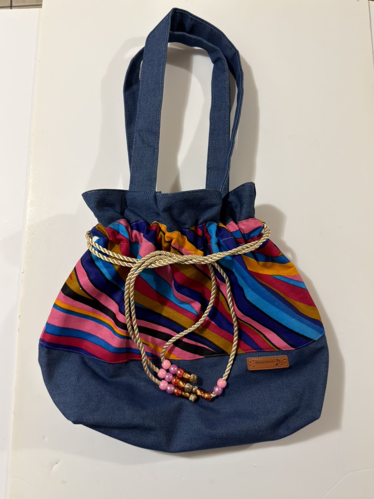 Denim Blue With Pink Blue Red Black Print Medium 16X18 Drawstring Tote Bag
