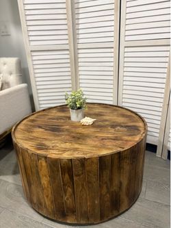 Rustic Round Wood Drum Coffee Table