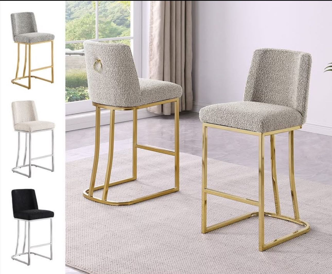 New Marissa Boucle Counter Stools Set of 2 Gold or Silver Finish