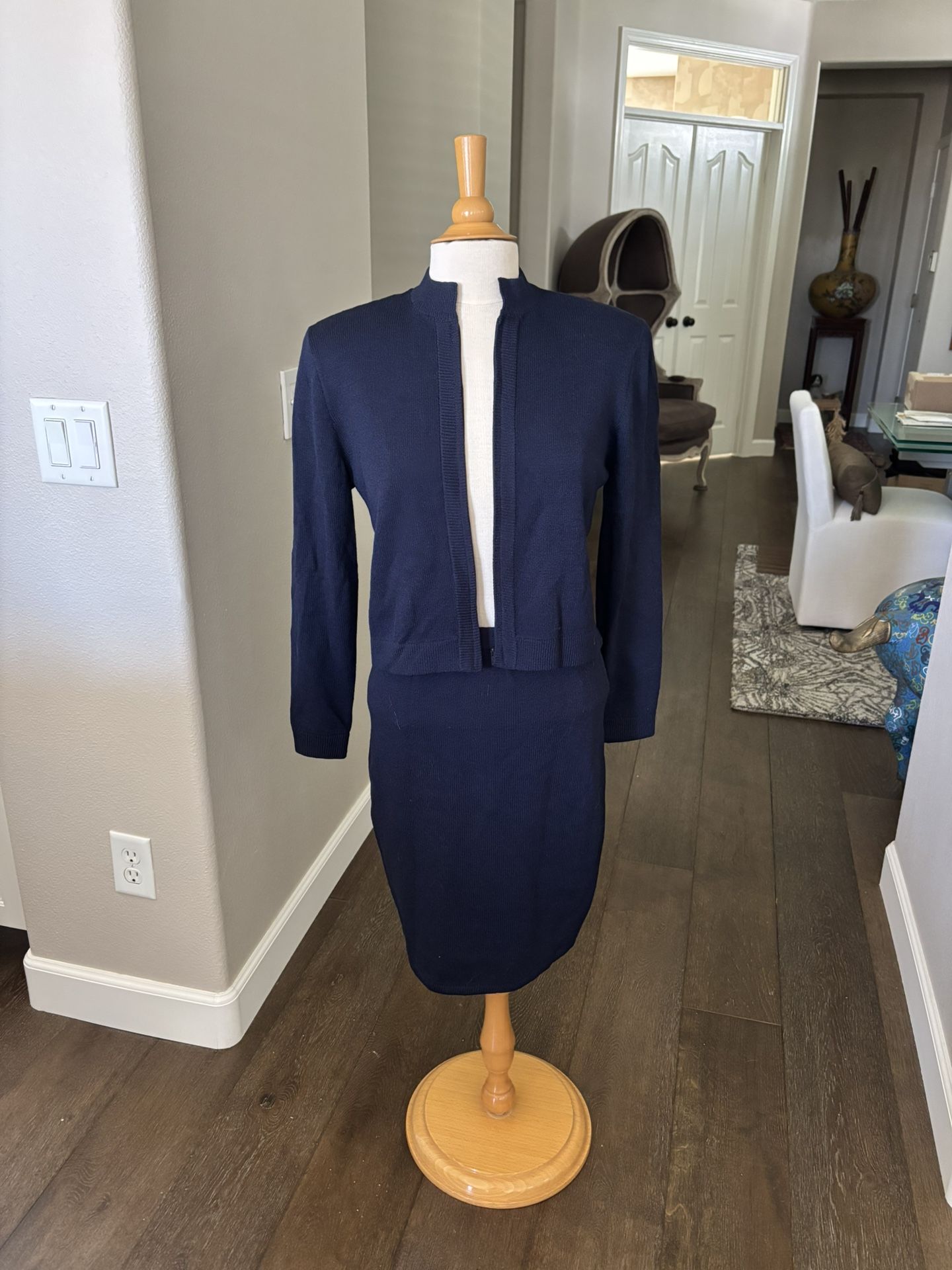 St. John Navy Cardigan And Skirt Set