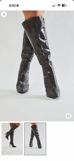 Grey croc print knee high boots