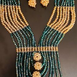 African Inspired Green And Gold Crystal Beaded Necklace And Earrings Set