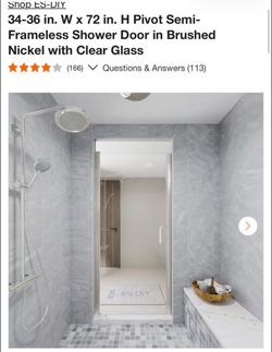 Es-DIY 34-36 in. W x 72 in. H Pivot Semi-Frameless Shower Door in Brushed Nickel with Clear Glass new