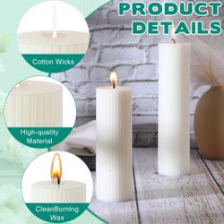 Set of 8 Ribbed Pillar Candles Soy Wax Home Decor Modern White Candles with Cotton Wick
