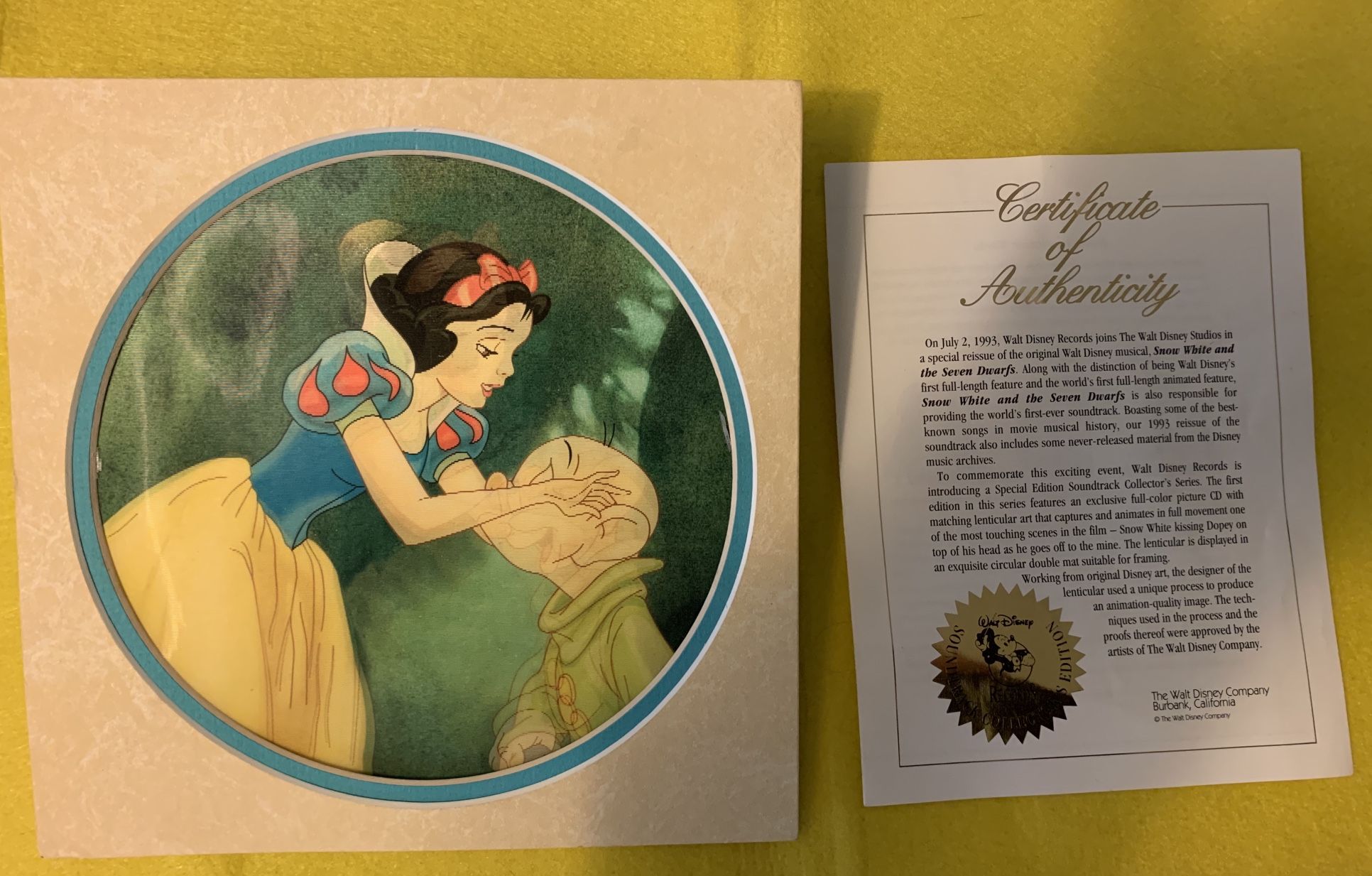 SNOW WHITE 3D PICTURE Dopey Seven Dwarfs - LENTICULAR ART - certificate of authority