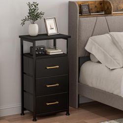 Dresser for Bedroom with 3 Drawers, Fabric Nightstand, Sturdy Steel Frame, Wood Top, Black