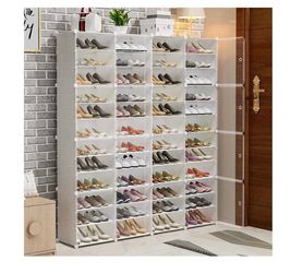 (FIRM PRICE )Ealing Plastic Shoe Cabinet with Doors, 8 Tiers 96 Pairs,58.5'' Tall Shoe Rack Organizer Cabinet,Easy Assembly, Plastic, white