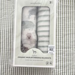 Pottery Barn Baby Muslin Swaddling Blankets Safari And Sage Green Stripe Print *New In Box*