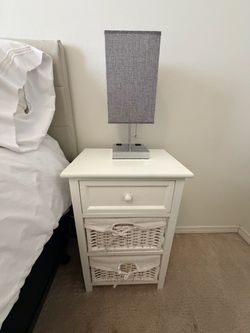 Pair of White Nightstands with Top Drawer and Wicker Baskets