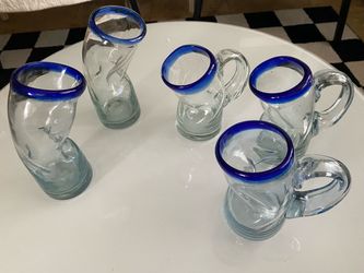 5 authentic Mexican hand-blown "Borracho" (drunken or bent) glass mugs