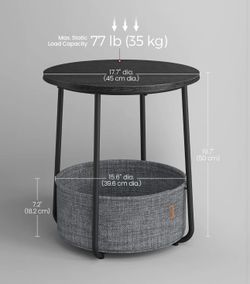 VASAGLE Small Round Side End Table Modern Nightstand w/ Fabric Basket - Ebony Black / Slate Gray