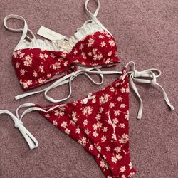 New small red floral boho festival bikini swimsuit bathing suit country Prarie