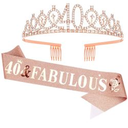 Casoty 40 & Fabulous Hairband and Tiara Set, Rose Gold, for Women's 40th Birthday Decorations, Gifts for Women, Party Decorations