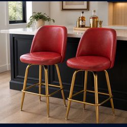 Modern Glam Bar Stools - Gold Base, Red Upholstered (Set of 2)