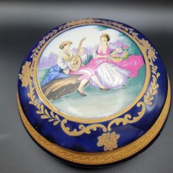 Courting Couple Royal Blue & Gold Porcelain Trinket Box T. Limoges