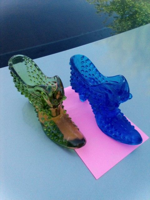 FENTON GLASS SHOES With CAT Antique Vintage Blue Green Glassware Shot Glass Boot