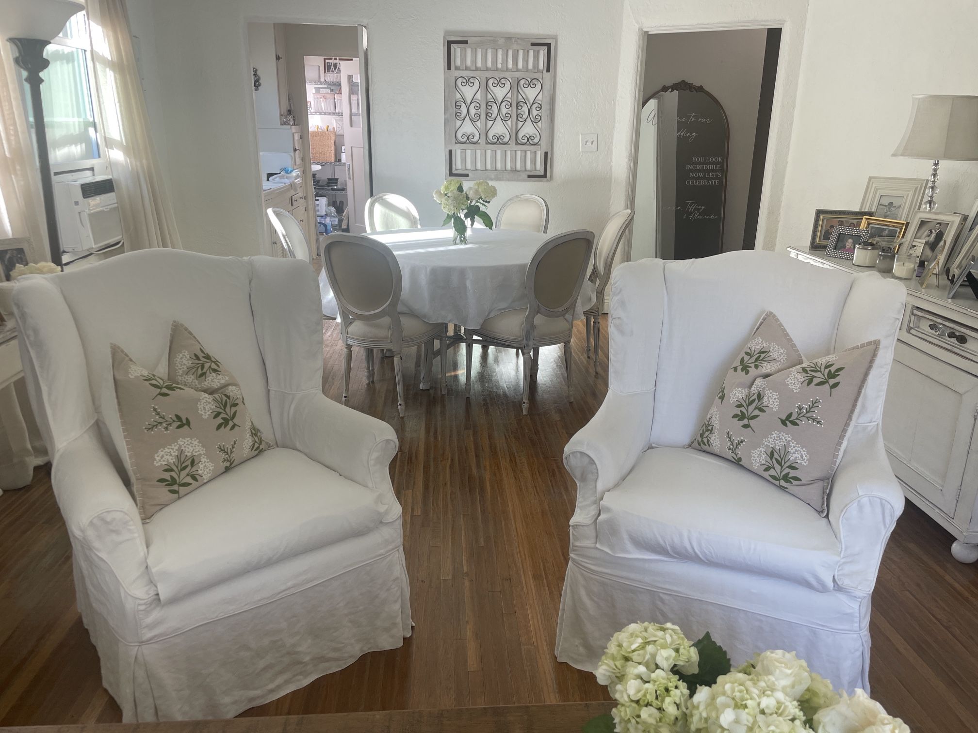 2 White Linen Wing Chairs