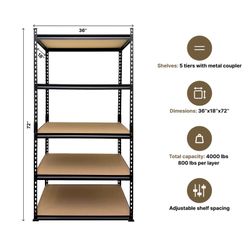 Buffalo Rack Storage Metal Shelving Garage 5-Tier 4000 Lbs 72''H 36''L 18''W