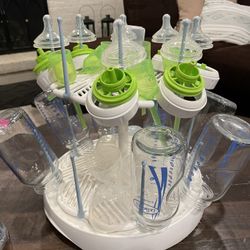 Dr. Brown’s glass and plastic bottles with drying rack