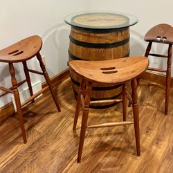 Jack Daniels Barrel Table and Oak Stools