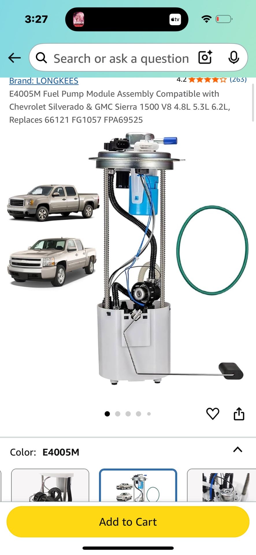E4005M Fuel Pump Module Assembly Compatible with Chevrolet Silverado & GMC Sierra 1500 V8 4.8L 5.3L 6.2L, Replaces 66121 FG1057 FPA69525