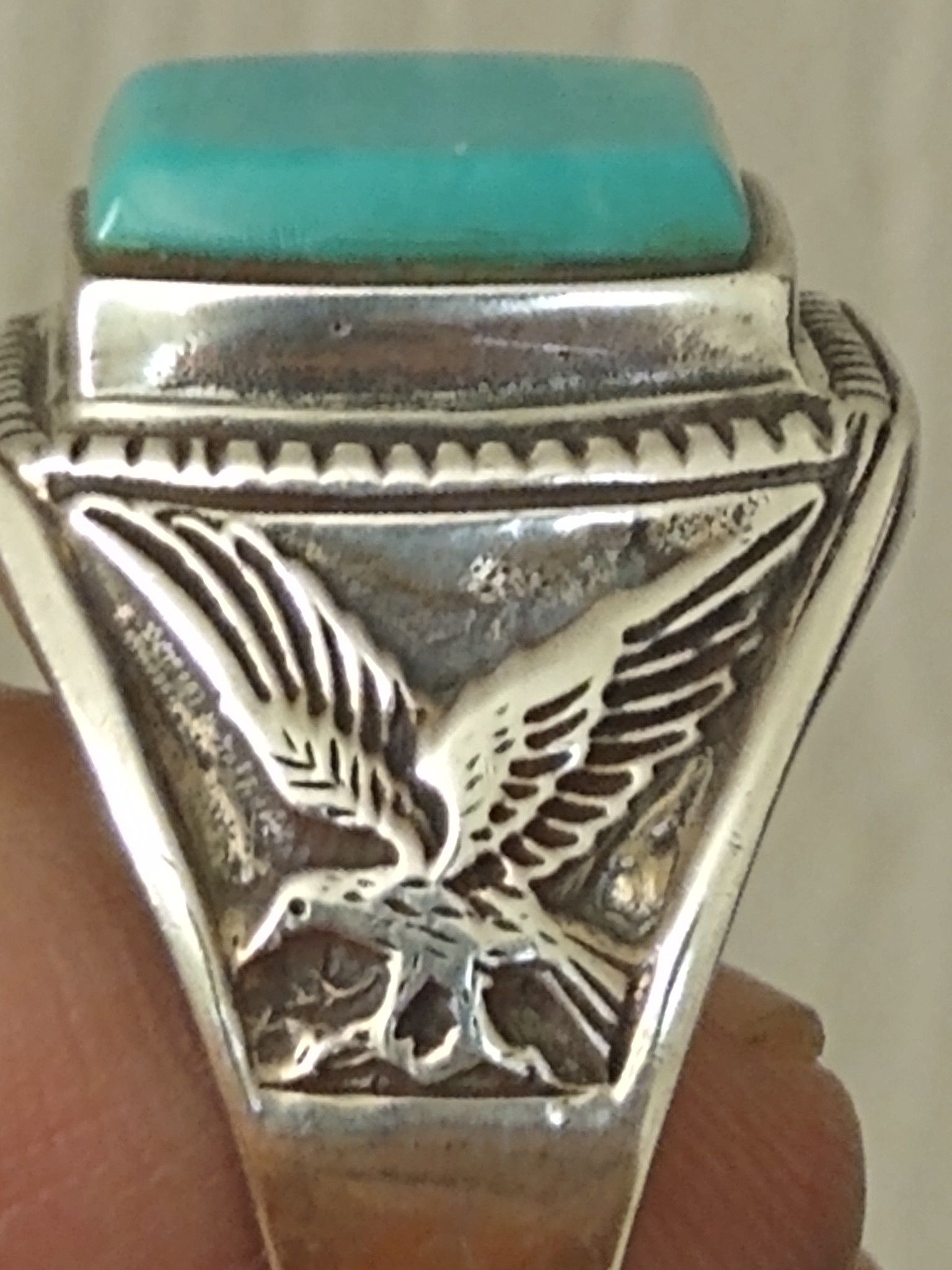 Vintage Sleeping Beauty turquoise sterling silver ring (signed/sz12).