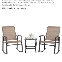 Shintenchi 3 Piece Rocking Bistro Set, Outdoor Furniture with Rocker Chairs and Glass Coffee Table Set of 3, Balcony, Porch Furniture for Small Space,