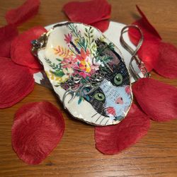 Hand Painted Oyster Shell Dish / Cat Themed