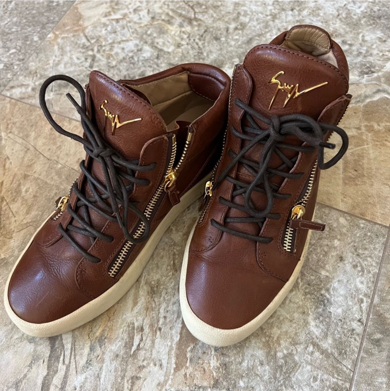 Giuseppe Zanotti Brown Leather Double Chain High Top Sneakers EU Size 44 men’s