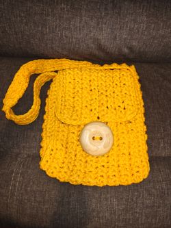 Handmade Orange Crochet Shoulder Bag w/ Wooden Button Floral Lined Handbag