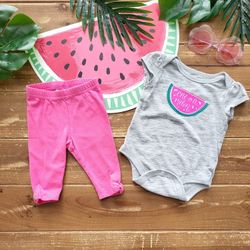 0-3MOS 2-PIECE OUTFIT GRAY 'ONE IN A MELON' SHORT-SLEEVE BODYSUIT W/ FUSCHIA LEGGINGS 