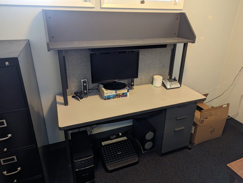 Desk, shelf, and file cabinet