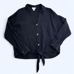 Loft Outlet Lounge XS Black 100% Cotton Button-up Shirt Top with Tie Front