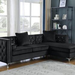 Black Velvet Upholstered Sectional with Storage and Faux Crystal Tufts