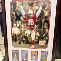 Joe Montana 16x20 Signed With Reprint Super Bowl Ticket 