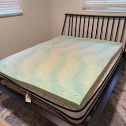Wooden queen bed frame with optional mattress and memory foam mattress topper