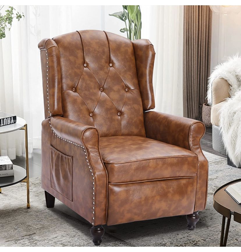 Wingback Recliner Chair with Massage and Heat Tufted PU Leather Push Back Arm Chair for Living Room Vintage Recliner Chair with Remote Control, Padded