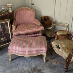Vintage Oversized Bergere Armchair & Ottoman vintage Norwalk Furniture French Bergère chair and ottoman set Norwalk Furniture Pink Striped