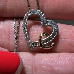SS And 10k Gold Double Heart Necklace 