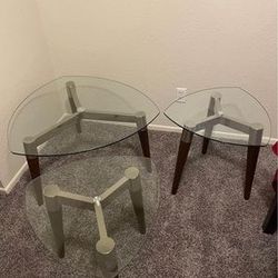Contemporary Brown Glass Metal End Tables w/ Oval Shape