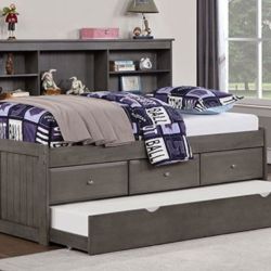 Brand New Grey Full Bed Frame w Trundle Bed + Drawers 