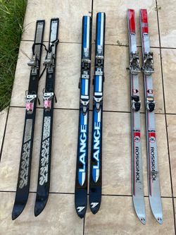 3 Vintage Downhill Skis with Bindings – Rossignol, Lange & USA