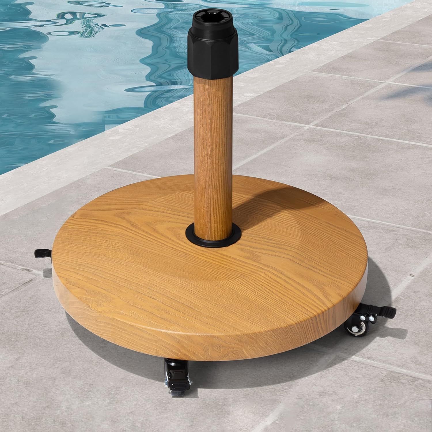 Patio Umbrella Base with 4 Wheels, Heavy Duty 44lbs Concrete Round Stand for Outdoor Market Umbrella, Teak
