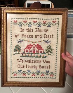 Vintage cross stitch “In this house of Peace and Rest, we welcome you our lovely guest” framed