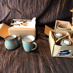 Sango 7 Mugs And 1 Pitcher New green, Brown Lip