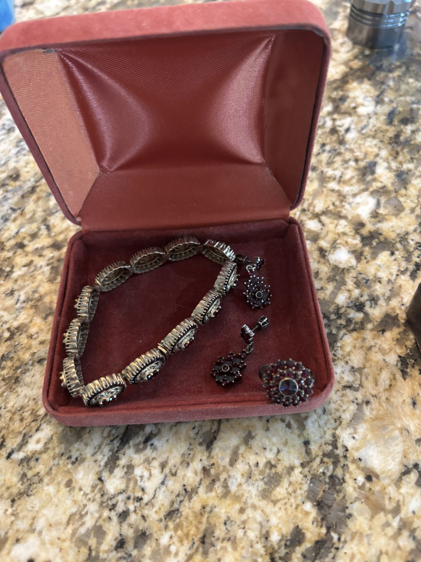 Vintage Silver & Garnet Ring & Earrings & Silver Bracelet