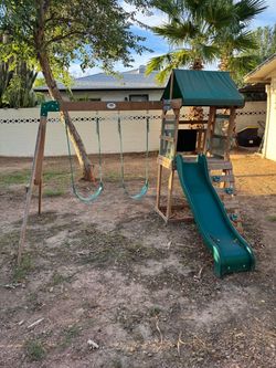 Wooden Swing Set with Slide and Clubhouse