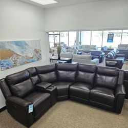 Top Grain Leather Sectional Sofa With Two Power Recliners- Addyson 