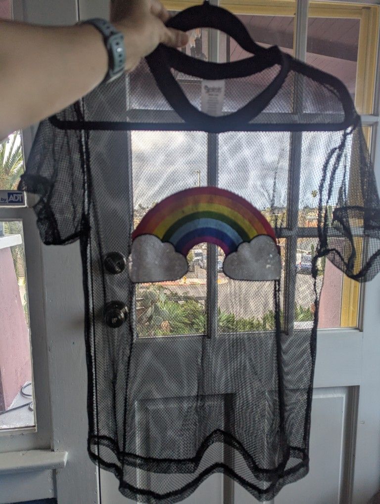 Spencers Rainbow mesh top with clouds size Large