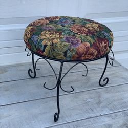 Floral Tapestry Foot Rest Stool Wrought Iron Legs 16 Inch Round Upholstered